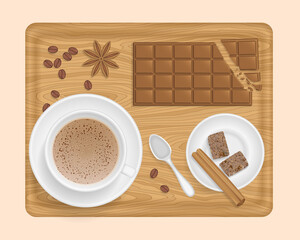 Vector coffee set with spices. Top view. Cup with coffee, saucer, spoon, star anise, cinnamon sticks, brown sugar, chocolate bar, coffee beans. View from above.