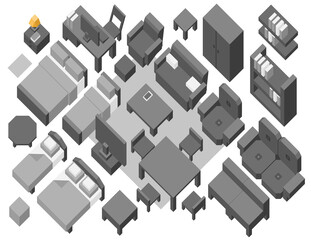 Vector set. Furniture for bedroom, living room. Isometric view from above. Beds, sofas, armchairs, cupboards, chairs, TV. Isometric view from the top.