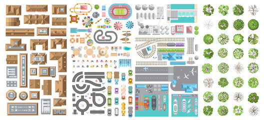 Set of landscape elements. City. (Top view) Trees, houses, buildings,  attractions, railroad, road, port, airport. (View from above)