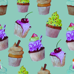 Watercolor cupcakes vector seamless pattern.
