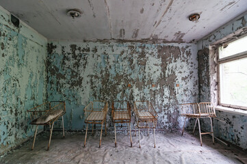 Health center, hospital in Prypiat, Chernobyl exclusion Zone. Chernobyl Nuclear Power Plant Zone of...