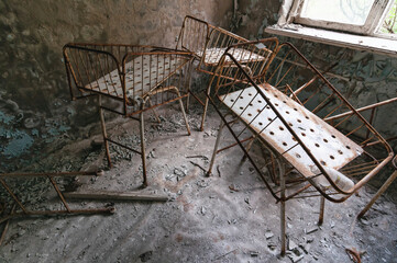 Health center, hospital in Prypiat, Chernobyl exclusion Zone. Chernobyl Nuclear Power Plant Zone of...