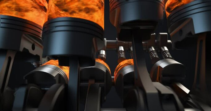 Powerful V8 Engine Starts Slow Then Speeds Up With Ignitions And Explosions. Technology And Industry Related 3D Animation.