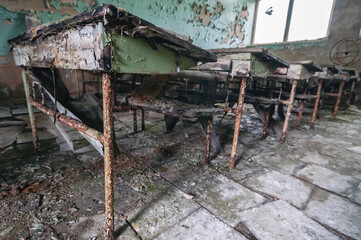 School classroom in Prypiat, Chernobyl exclusion Zone. Chernobyl Nuclear Power Plant Zone of...