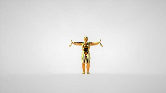 Beautiful golden woman belly dancing, hypnotical mirror moves, white studio