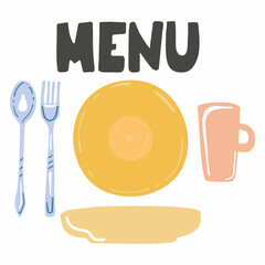 Menu. Lettering with plate fork and spoon hand drawn style poster for cafe or restaurant menu, silhouette flat vector illustration