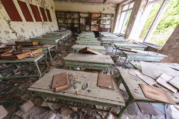 School classroom in Prypiat, Chernobyl exclusion Zone. Chernobyl Nuclear Power Plant Zone of...