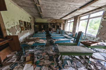 School classroom in Prypiat, Chernobyl exclusion Zone. Chernobyl Nuclear Power Plant Zone of...