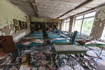 School classroom in Prypiat, Chernobyl exclusion Zone. Chernobyl Nuclear Power Plant Zone of...