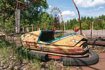 Fun fair, ferris wheel in Prypiat, Chernobyl exclusion Zone. Chernobyl Nuclear Power Plant Zone of...
