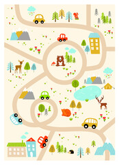 Vector forest maze with animals, road, houses. Cartoon Forest Animals. Path in the forest. Game for children. Children's play mat.
