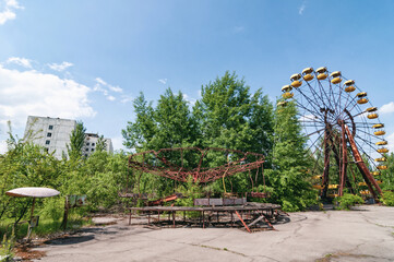 Fun fair, ferris wheel in Prypiat, Chernobyl exclusion Zone. Chernobyl Nuclear Power Plant Zone of...