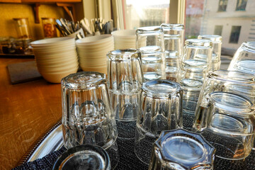 Lidkoping, Sweden July 7, 2020 Cutlery and bowls at a hotel breakfast buffe.