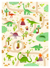 Vector tropical maze with dinosaurs in a jurassic park. Cartoon dinosaurs. Road in jurassic park. Game for children. Children's play mat. tyrannosaurus, pterodactyl, brachiosaurus, tricerathorps

