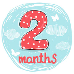 Number two with butterflies and clouds for the second month of life. For a holiday card, invitation, cake and greeting. Vector illustration in sketch style. Hand-drawn.