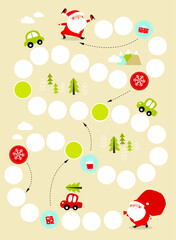 Vector board Christmas game for children. Advent calendar. New Year's game. Labyrinths. Santa Claus. Christmas Poster, postcard. Happy New Year and Christmas.
