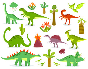 Vector set of dinosaurs. Jurassic period. Tyrannosaurus Rex. brachiosaurus, pterodactyl, tricerapors. Paleontology. cartoon dinosaurs
