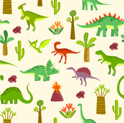 Vector seamless background with dinosaurs. Jurassic Park. Children's pattern. Tyrannosaurus, Brachiosaurus, Pterodactyl, Diplodocus, Triceptors. Set of cartoon dinosaurs. Can print on fabric
