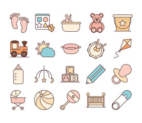 baby feeding toys and clothes, welcome newborn icons set line and fill design