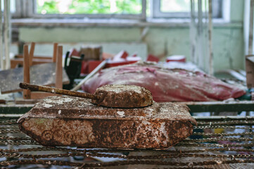 Toys and cots, Kindergarten in Prypiat, Chernobyl exclusion Zone. Chernobyl Nuclear Power Plant Zone of Alienation in Ukraine