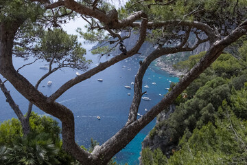 Panoramic view of Marina Piccola and Tyrrhenian sea in Capri island, Italy.