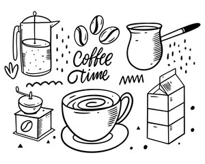 Set of black and white coffee shop elements including a Turkish coffee pot, French press, coffee grinder, milk jug, and mug. These illustrations are done in a stylish line art vector style.
