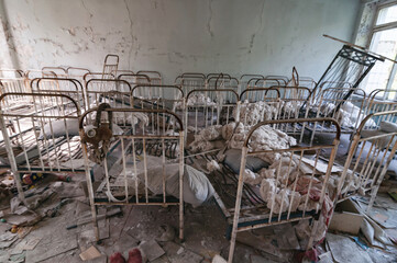 Toys and cots, Kindergarten in Prypiat, Chernobyl exclusion Zone. Chernobyl Nuclear Power Plant...