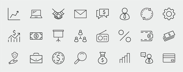 Set of Business vector line icons. It contains symbols of a handshake, a user, dollar pictograms, gears, a briefcase, a bag of money, a schedule and much more. Editable Stroke. 32x32 pixels.