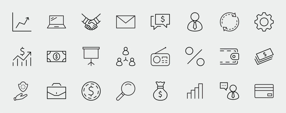 Set of Business vector line icons. It contains symbols of a handshake, a user, dollar pictograms, gears, a briefcase, a bag of money, a schedule and much more. Editable Stroke. 32x32 pixels.