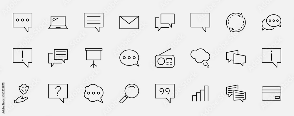Poster set of speech bubble chat vector lines of icons. editable stroke. 32x32 pixels.