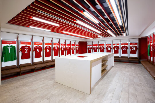 Liverpool, United Kingdom - May 17 2018: Player's jerseys hung in fornt of lockers in the changing room at Anfield stadium