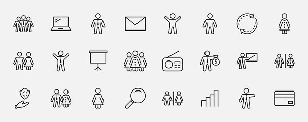 Set of people vector line icons. It contains the symbols of a man, a woman, a family, a toilet, a businessman, a teacher, and much more. Editable Stroke. 32x32 pixels.
