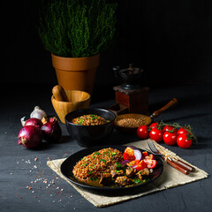 Buckwheat groats baked in the oven with beef goulash