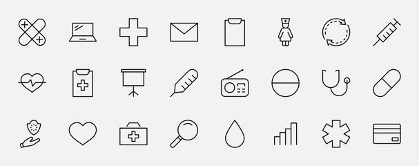 Set of Medicine vector line icons. It contains the first aid kit, nurse, syringe, thermometer, plastic, pills, heart, drop of blood, palpitation and much more. Editable Stroke. 32x32 pixels.