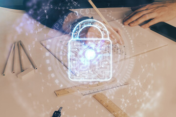 Man hands writing. With double exposure drawings.