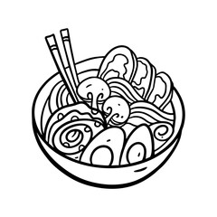 Wok asisan noodles. Hand drawn vector illustration. Black color line art. Isolated on white background.
