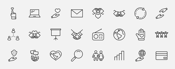 International Day of Human Solidarity Line Vector Icons Set. Contains such Icons as Handshake, Heart, planet Earth, helping Hand, People and more. Editable Stroke. 32x32 Pixels