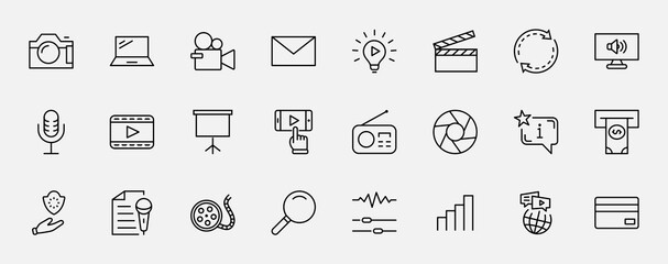 International Film Day Set Line Vector Icons. Contains such Icons as Clapperboard, Camera, Video, Play, Film, Lens, Microphone, Media settings and more. Editable Stroke. 32x32 Pixels