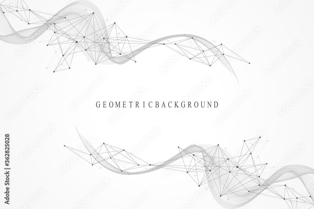 Poster Abstract geometric background with dynamic particles, wave flow. Big data, plexus stream background. Perspective data visualization with fractal element. Plexus flow style. Digital vector illustration