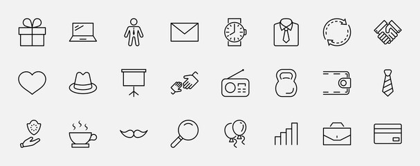 Father's Day Set Line Vector Icons. Contains such Icons as Mustache, tie, shirt, handshake, diplomat, hat, coffee, purse, gift, portfolio and more. Editable Stroke. 32x32 Pixels