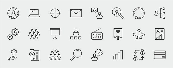 Set of People Management Related Vector Line Icons. Contains such Icons as Target, Puzzle, Certificate, Personal data processing, Task Manager, Qualification, Head Hunting and more. Editable Stroke