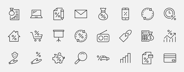 Set of Credit and Loan Related Vector Line Icons. Contains such Icons as Credit Card, Rate Calculator, Deposit and more. Editable Stroke. 32x32 Pixels