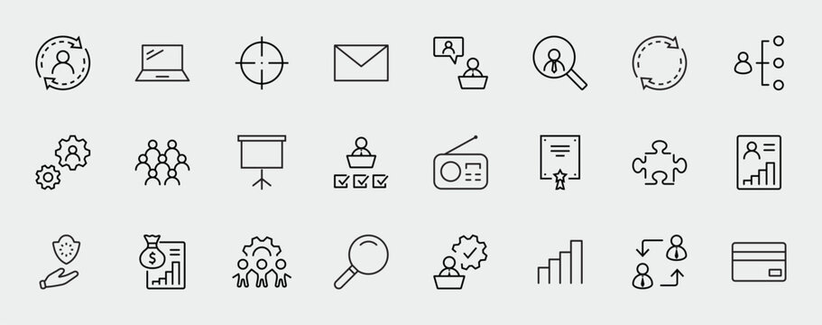 Set of People Management Related Vector Line Icons. Contains such Icons as Target, Puzzle, Certificate, Personal data processing, Task Manager, Qualification, Head Hunting and more. Editable Stroke