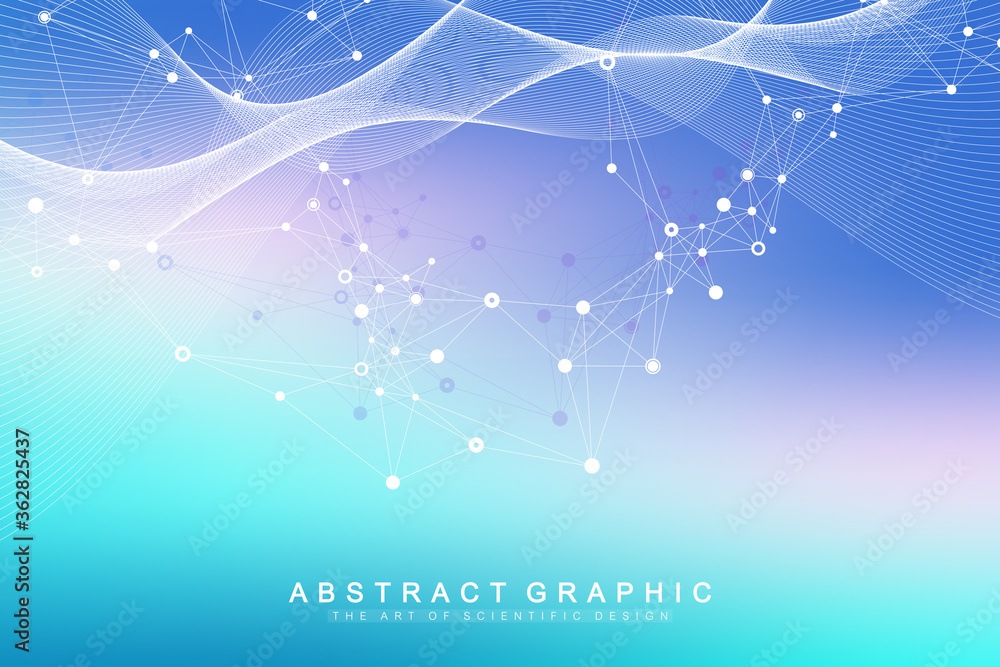 Aufkleber Abstract geometric background with dynamic particles, wave flow. Big data, plexus stream background. Perspective data visualization with fractal element. Plexus flow style. Digital vector illustration