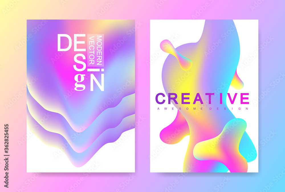 Poster vector design template in trendy vibrant gradient colors with abstract fluid shapes, paint splashes,