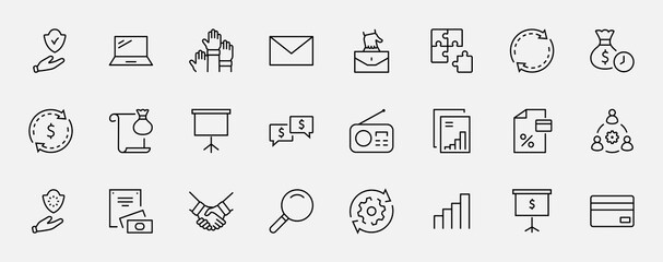 Set of Business Cooperation Vector Line Icons. Contains such Icons as Puzzle, Partnership, Money, Handshake, Dollars, Team, Synergy, Work, Interaction and more. Editable Stroke. 32x32 Pixels