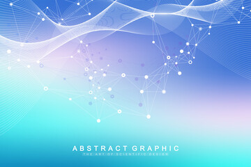 Abstract geometric background with dynamic particles, wave flow. Big data, plexus stream background. Perspective data visualization with fractal element. Plexus flow style. Digital vector illustration