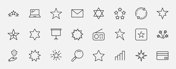 Set of Stars Vector Line Icons. Contains such Icons as Starry night, falling star, firework, twinkle, glow, glitter burst and more. Outline signs for glossy material. Editable Stroke. 32x32 Pixels.