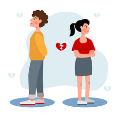 The difficult relationship of teenagers. Unhappy love. A guy and a girl stand with their backs to each other.