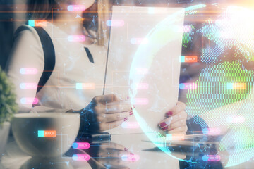 Multi exposure of hands making notes with world map hologram and data theme icons. Concept of global data.